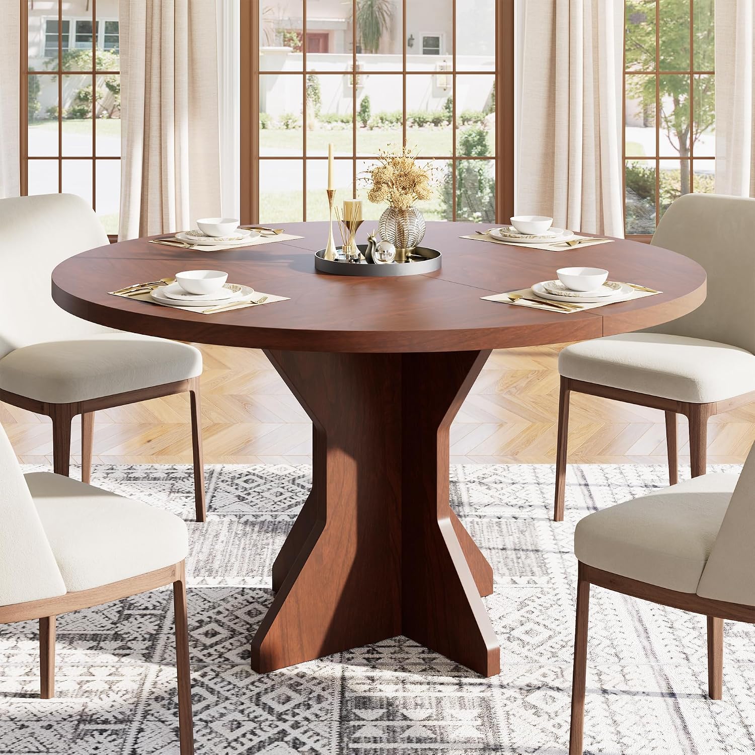 IDEALHOUSE Round Dining Table, 47' Kitchen Table for 4-6 People, Circle Tables with Sturdy Pedestal Base, Space Saving Dinning Room Furniture for Living Room, Kitchen, Apartment, Walnut