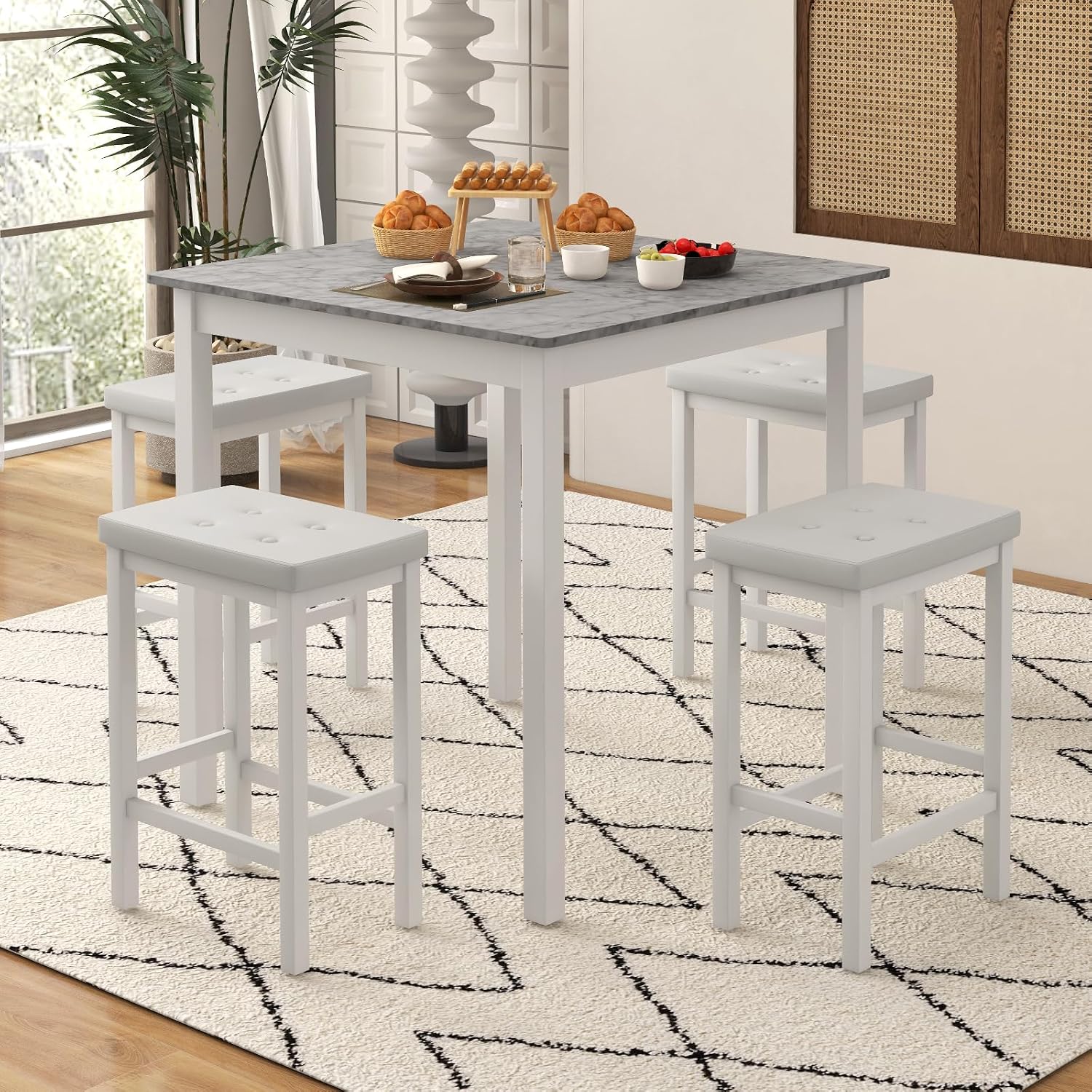 Giantex Dining Table Set for 4, Counter Height Dining Set with 4 Bar Stools, Space-Saving Kitchen Table Chairs Set for Small Place, Dinette, Breakfast Nook (White)