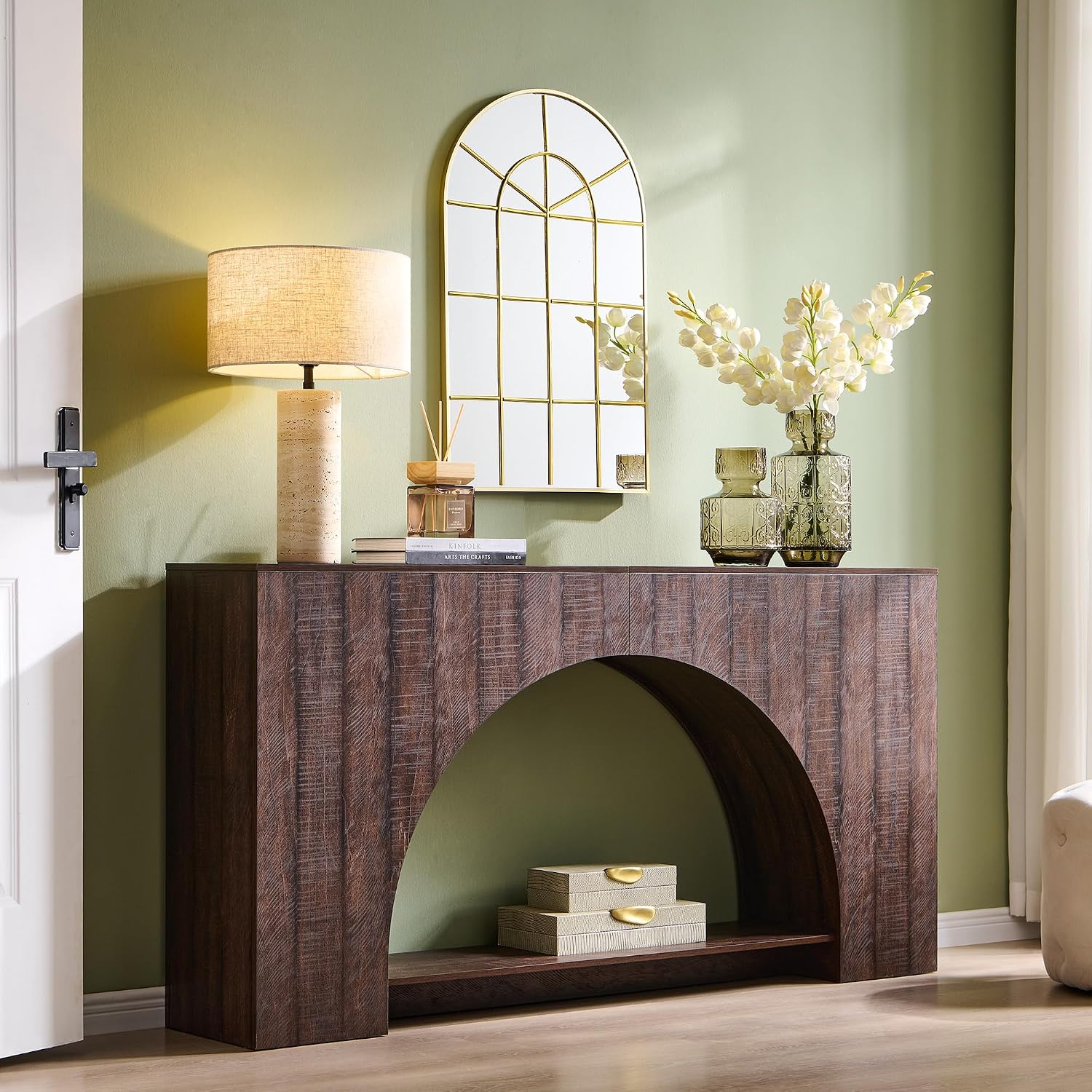 IFGET 63' Arched Console Table, 2-Tier Modern Entryway Table with Arched Base, Narrow Long Wood Sofa Table Behind Couch Table for Living Room, Hallway, Foyer, Brown