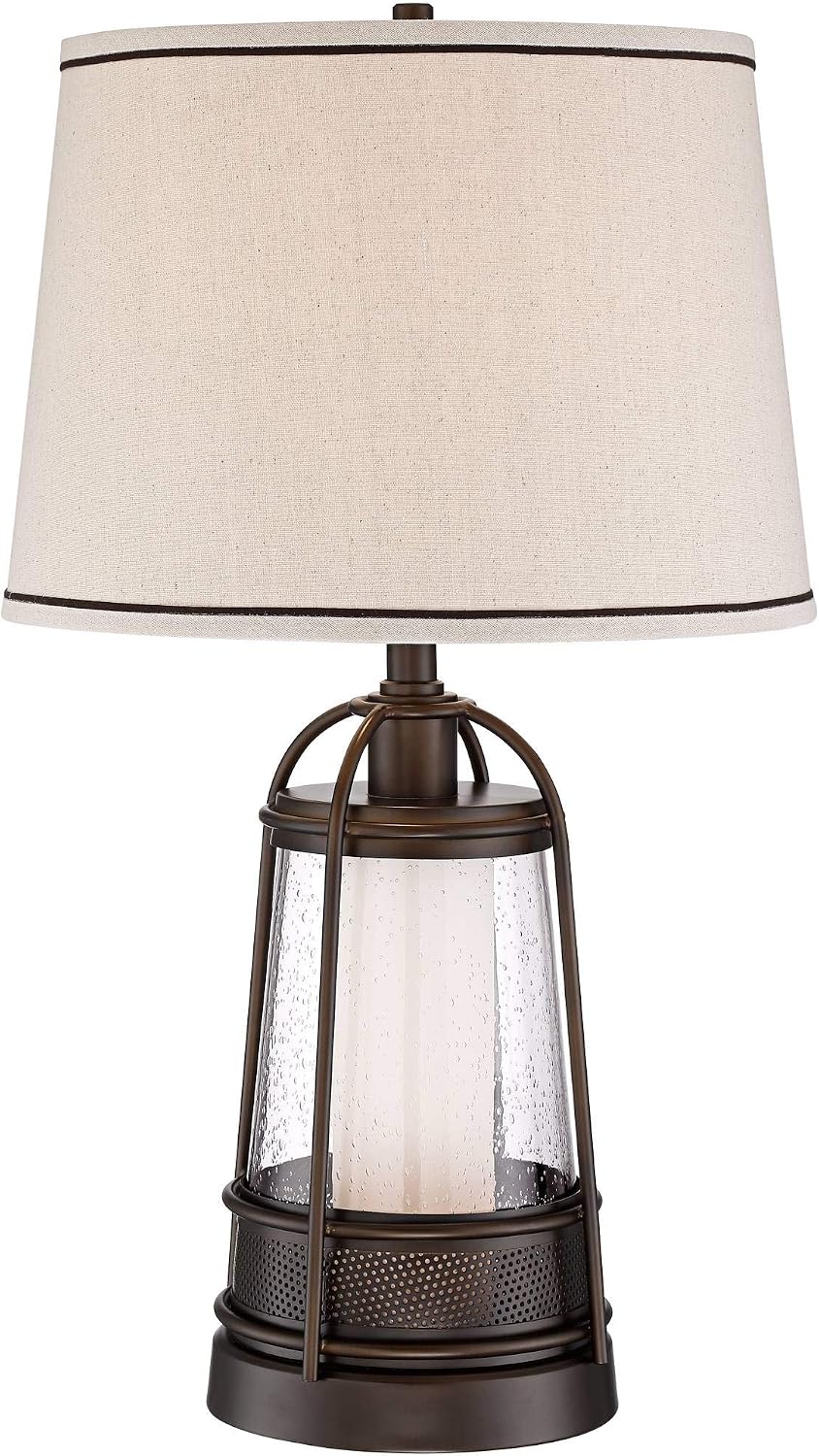 Franklin Iron Works Hugh Industrial Rustic Table Lamp 26' High with LED Nightlight Bronze Metal Seeded Glass Off White Drum Shade for Bedroom Living Room House Home Bedside Nightstand Office Family