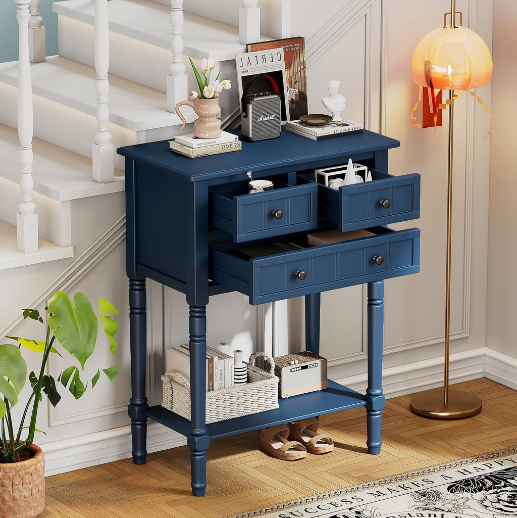 LKTART Small Solid Wood Sofa Table,Console Table with Drawers and Bottom Shelf, Narrow Entryway Hallway Foyer Entry Table for Living Room(23.7' Navy Blue)