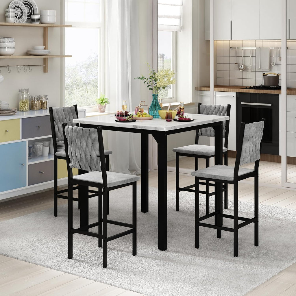 AWQM 5-Piece Dining Table Set, Dining Table Set for 4, Counter Height Table & 4 Velvet Bar Stools, Modern Kitchen Dining Set, Compact Dining Set for Small Spaces (Marble Texture & Velvet Chairs)