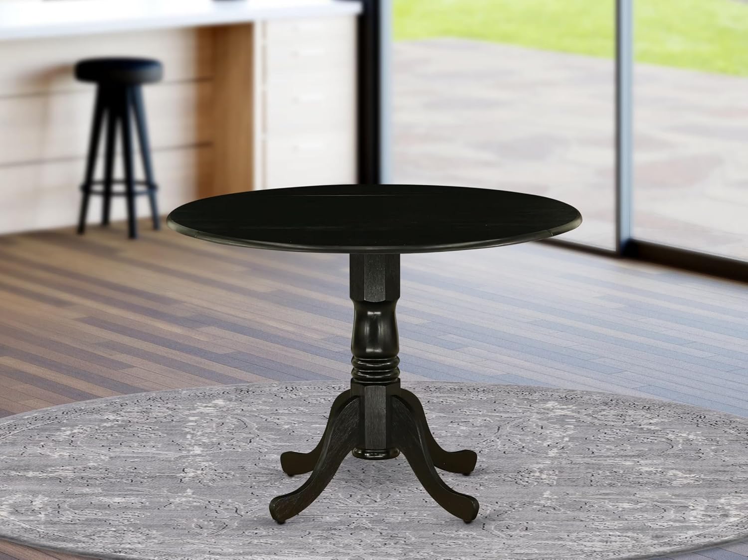 East West Furniture DLT-ABK-TP Dublin Dining Table - a Round Wooden Table Top with Dropleaf & Pedestal Base, 42x42 Inch, Wirebrushed Black