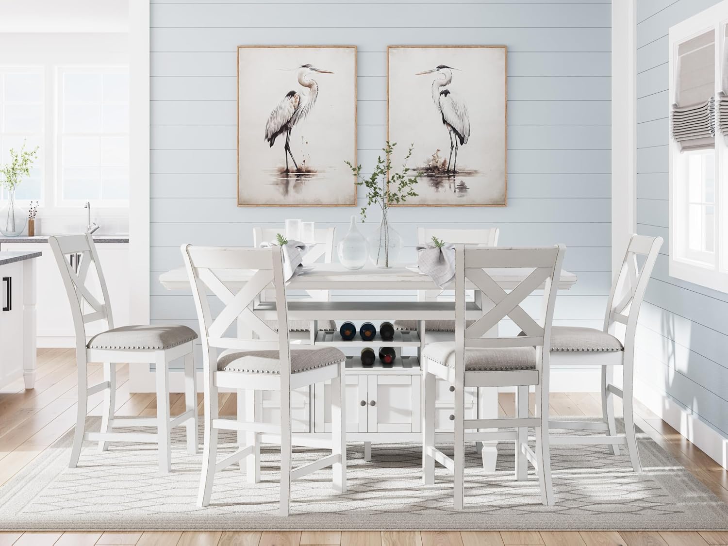 Signature Design by Ashley Robbinsdale Casual Counter Height Dining Table with 10 Bottle Wine Storage, Open Shelves, Drawers and Cabinet, Antiqued White Finish, 36' W x 72' L x 37' H