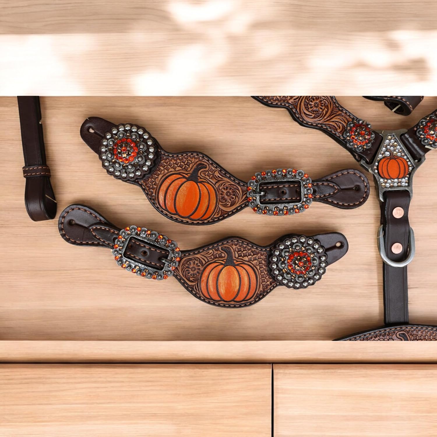 Spooky Western Leather Horse Tack Set - Hand Painted Halloween Pumpkin Headstall & Breast Collar with Floral Tooling, Rhinestones, and Window Carving