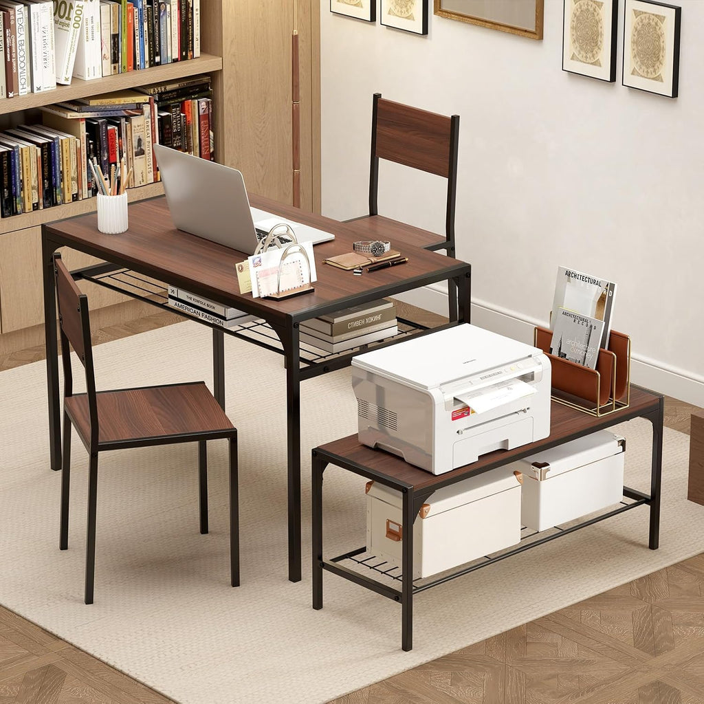 Giantex Dining Table Set for 4, Kitchen Table with Chairs & Bench, Storage Racks, Metal Frame, 4-Piece Space-Saving Dinette Set for Dining Room, Breakfast Nook, Small Space, Apartment, Walnut