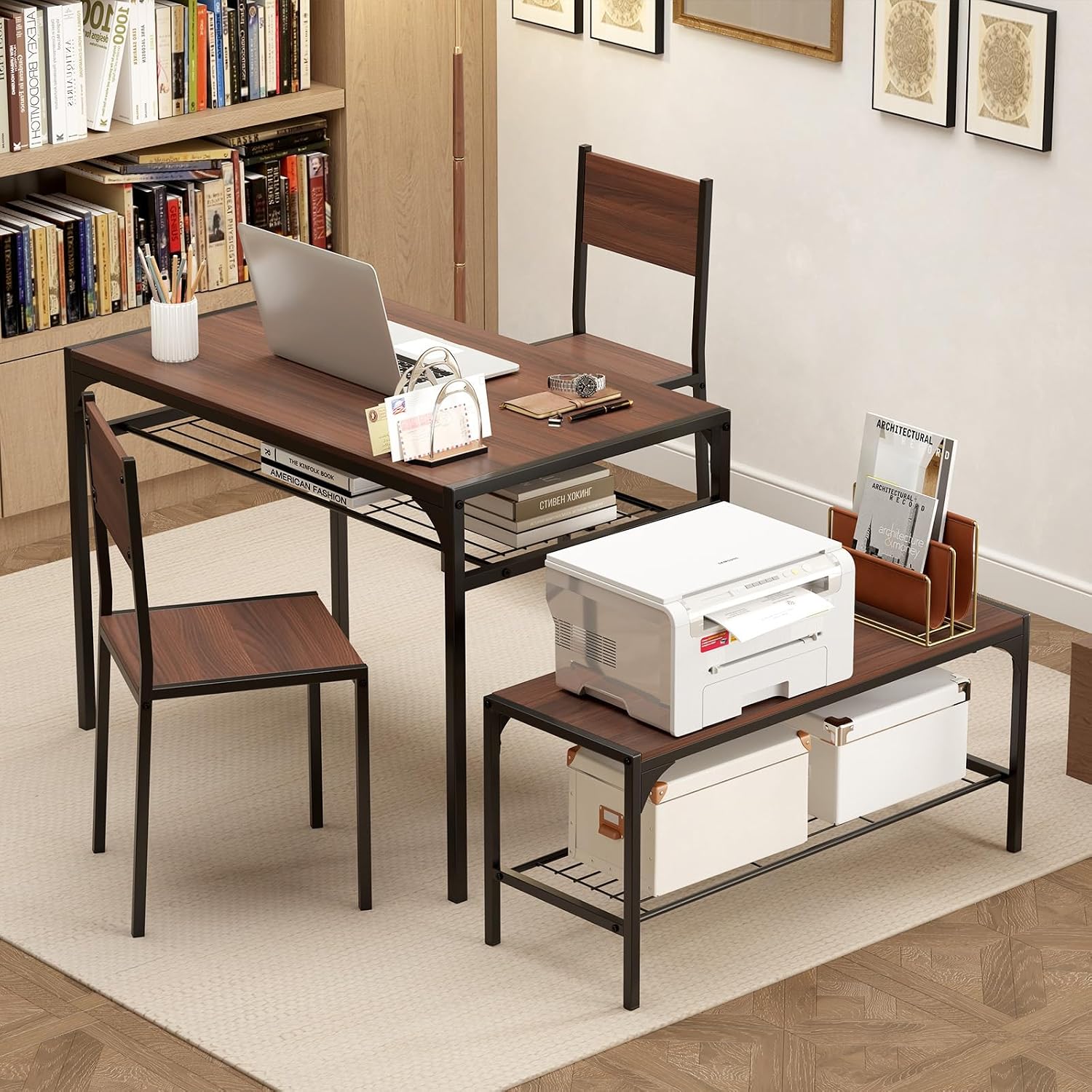 Giantex Dining Table Set for 4, Kitchen Table with Chairs & Bench, Storage Racks, Metal Frame, 4-Piece Space-Saving Dinette Set for Dining Room, Breakfast Nook, Small Space, Apartment, Walnut