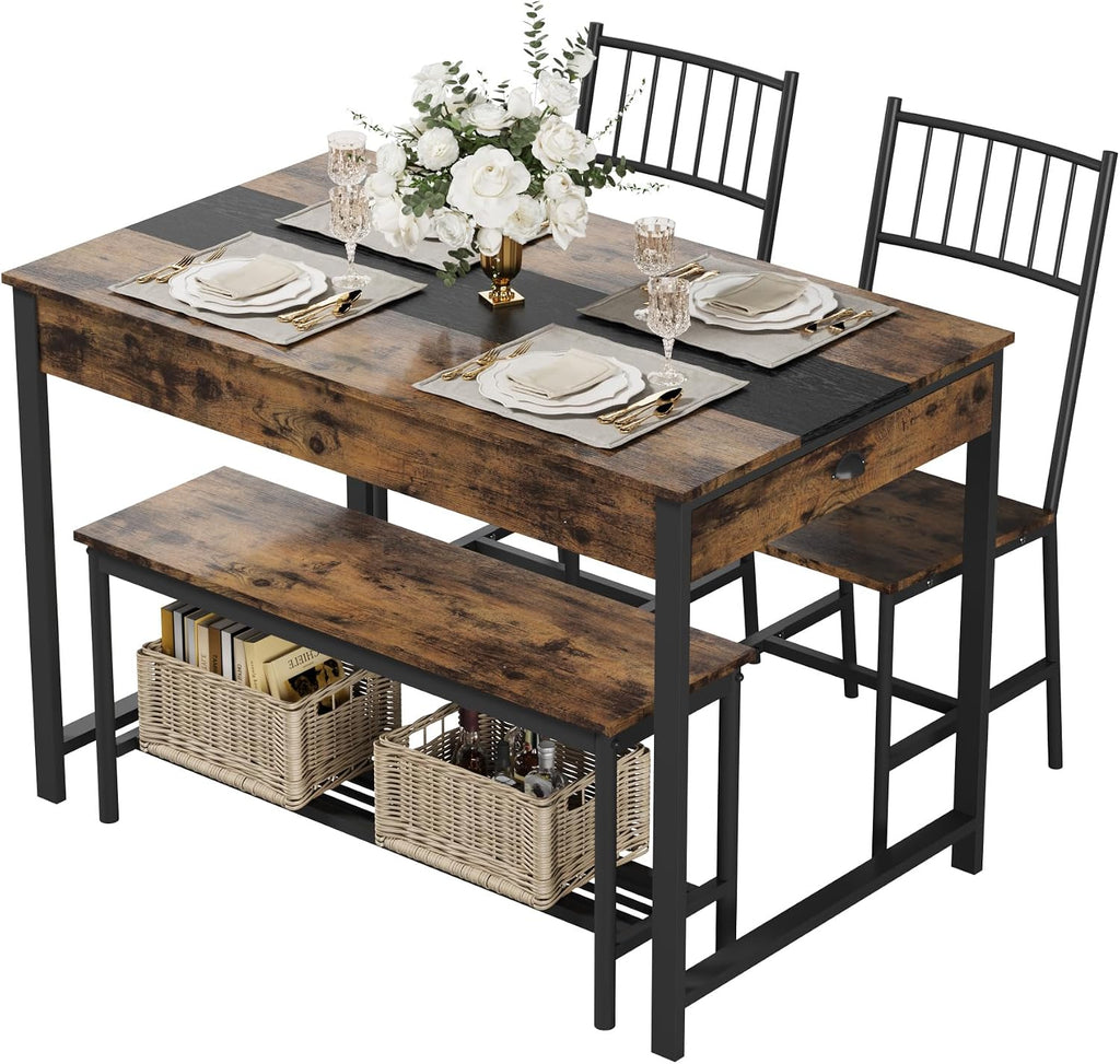 GarveeHome Dining Table Set for 4, Small Kitchen Table and 2 Chairs for 4 with Bench, Space Saving Kitchen Table Set with Storage Rack & Drawers, Breakfast Nook Rectangular Farmhouse Table Set, Retror
