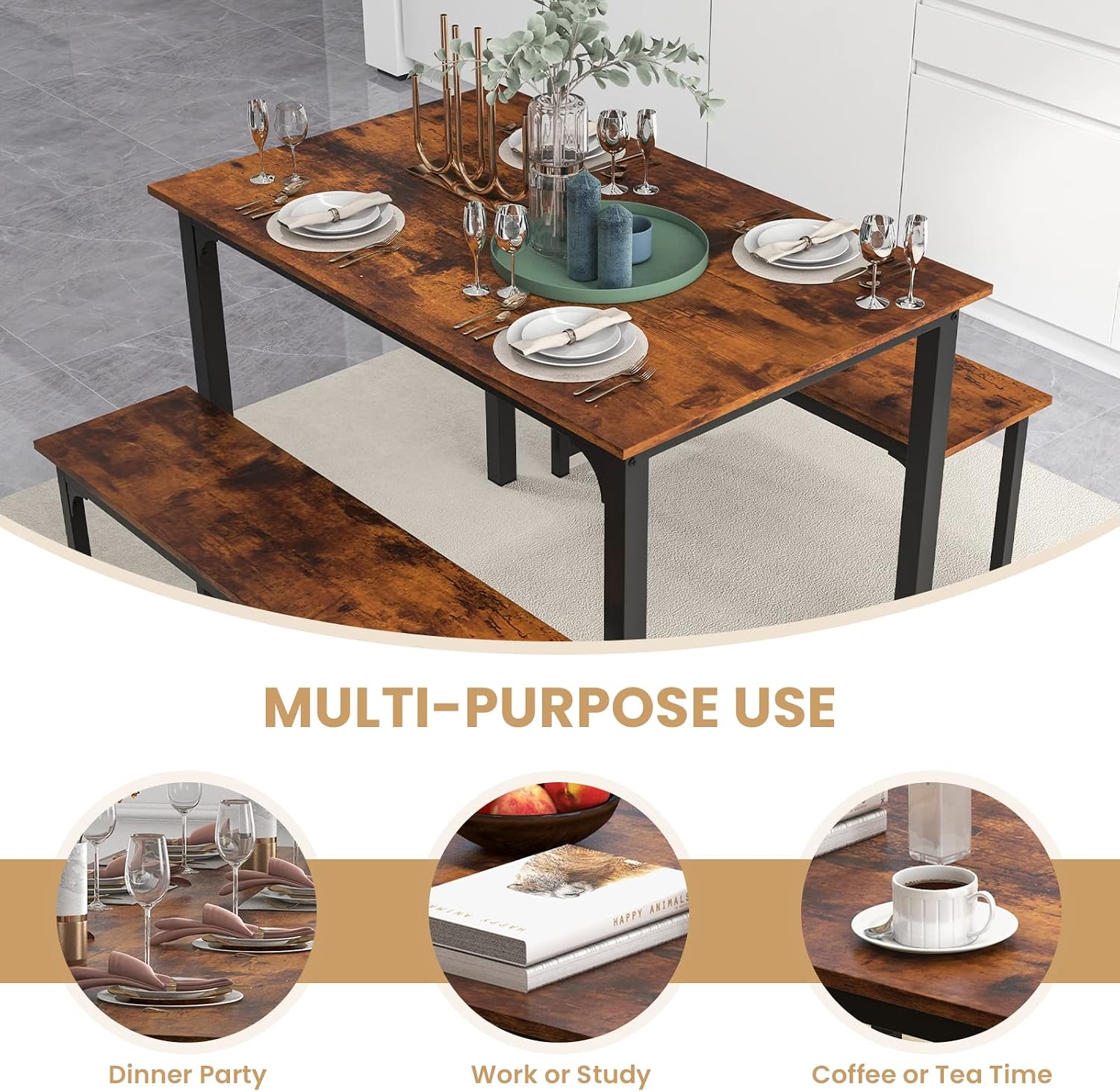 Tangkula 3-Piece Dining Table Set with Bench, Rectangular Kitchen Table with 2 Benches, Metal Frame, Space-Saving Furniture, Modern 4-Person Dinette for Kitchen, Dining Room (Rustic Brown)