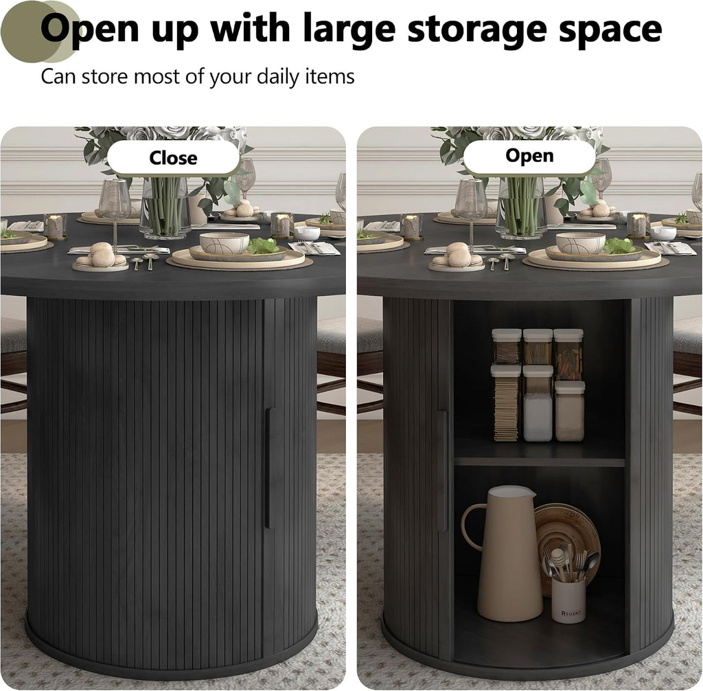 weselon 47 inch Round Dining Table for 4, Kitchen Table Dinner Table with 2-Layer Storage Shelf and Wood Slide Door for Home Dining Room Living Room (Black)