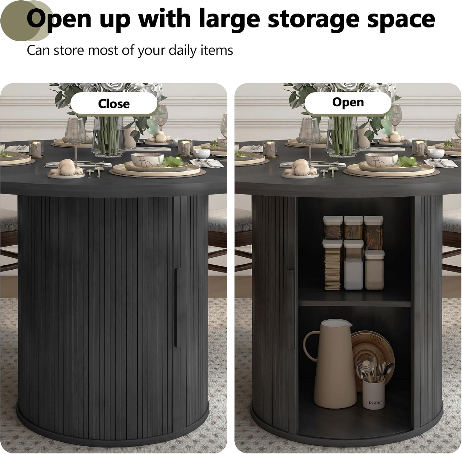 weselon 47 inch Round Dining Table for 4, Kitchen Table Dinner Table with 2-Layer Storage Shelf and Wood Slide Door for Home Dining Room Living Room (Black)