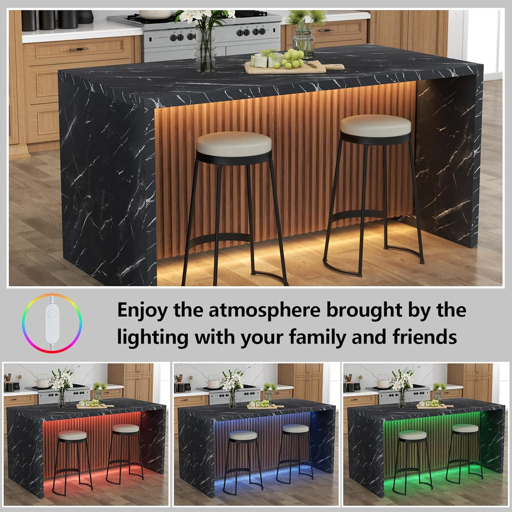 63' Large Imitation Marble Dining Table for 4-6 People(Patent Pending),Island Table with LED Lights,Mordern Marble Stripes Kitchen Dining Table with Grille design for Dining Room,Living Room (Black)