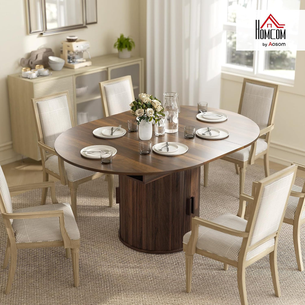 HOMCOM 43.3' to 59' Extendable Round Dining Table for 4-6, Farmhouse Transformer Dining Room Table with Removable Leaves, Circle Kitchen Table with Sliding Doors, Kitchen, Living Room, Walnut
