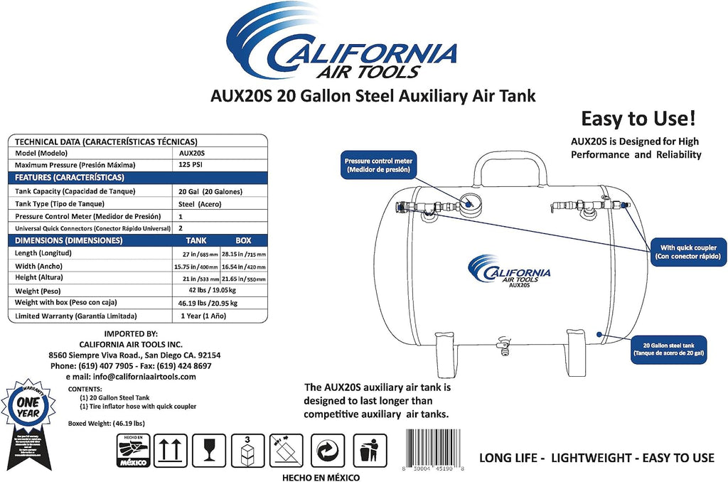 AUX20S Portable 20 Gallon Steel Air Tank