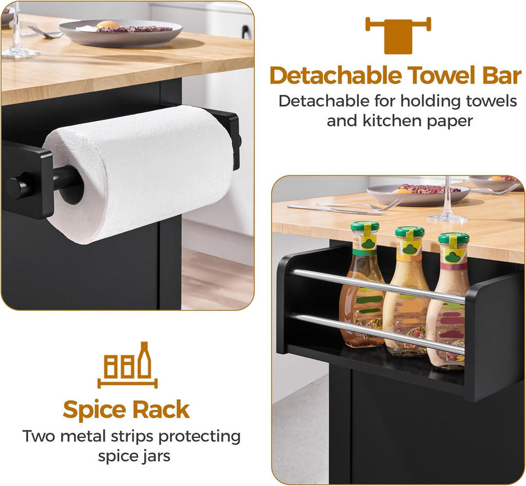 Yaheetech Kitchen Island Cart with Drop Leaf, 49' Rolling Island Table with Storage, Drawer, Kitchen Cart with Rubberwood Top, Detachable Towel & Spice Rack, Black