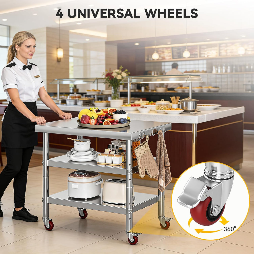 DWVO 36x24in Stainless Steel Table, NSF Metal Prep Worktable with 2 Adjustable Shelves & Wheels for Kitchen Restaurant Hotel Garage Warehouse Home