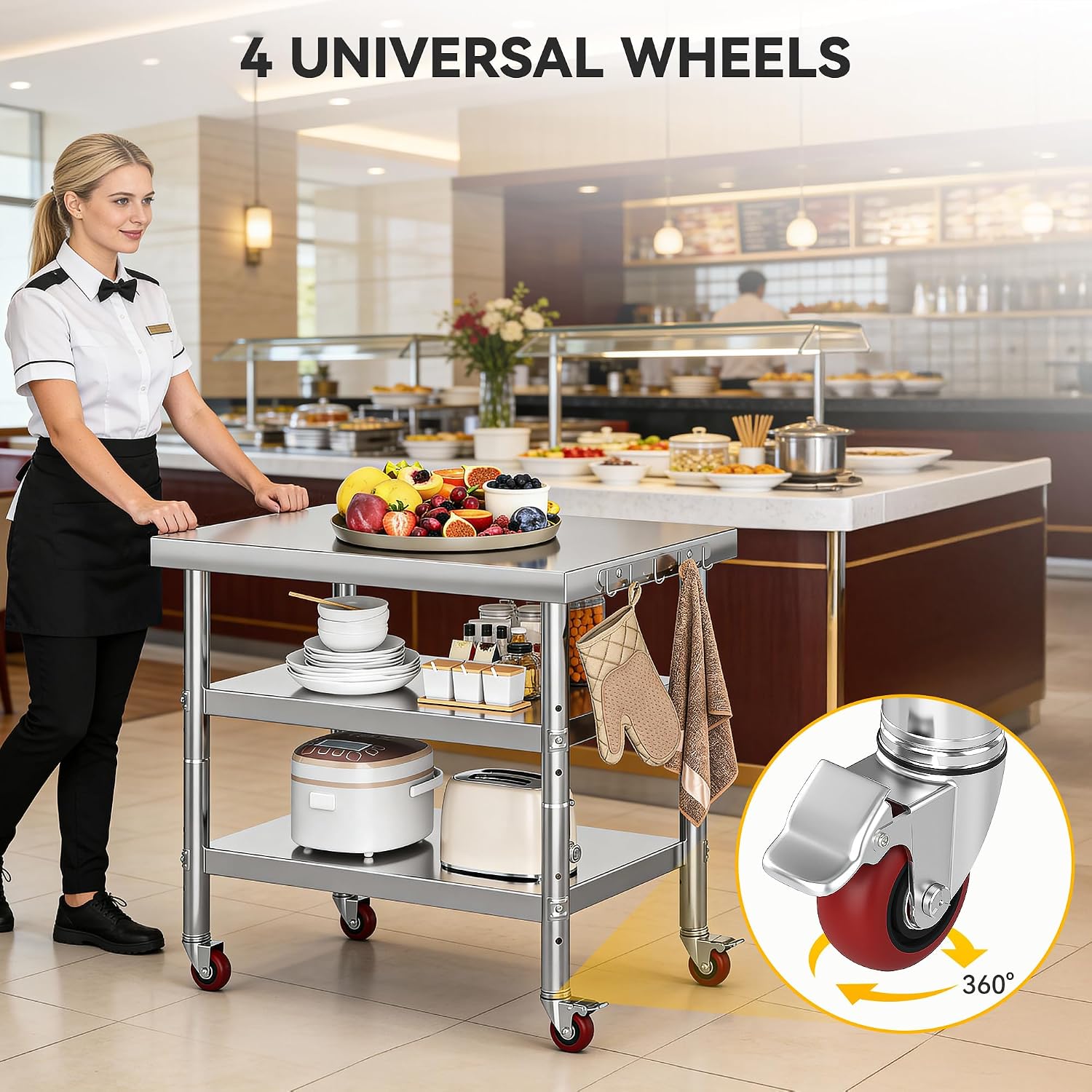 DWVO 30x24in Stainless Steel Table, NSF Metal Prep Worktable with 2 Adjustable Shelves & Wheels for Kitchen Restaurant Hotel Garage Warehouse Home