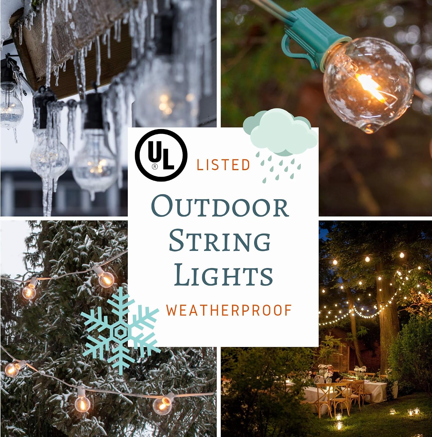 Hometown Evolution, Inc. 100 Foot Outdoor Globe Patio String Lights - Set of 100 G50 White Pearl 2 Inch Bulbs with Black Cord