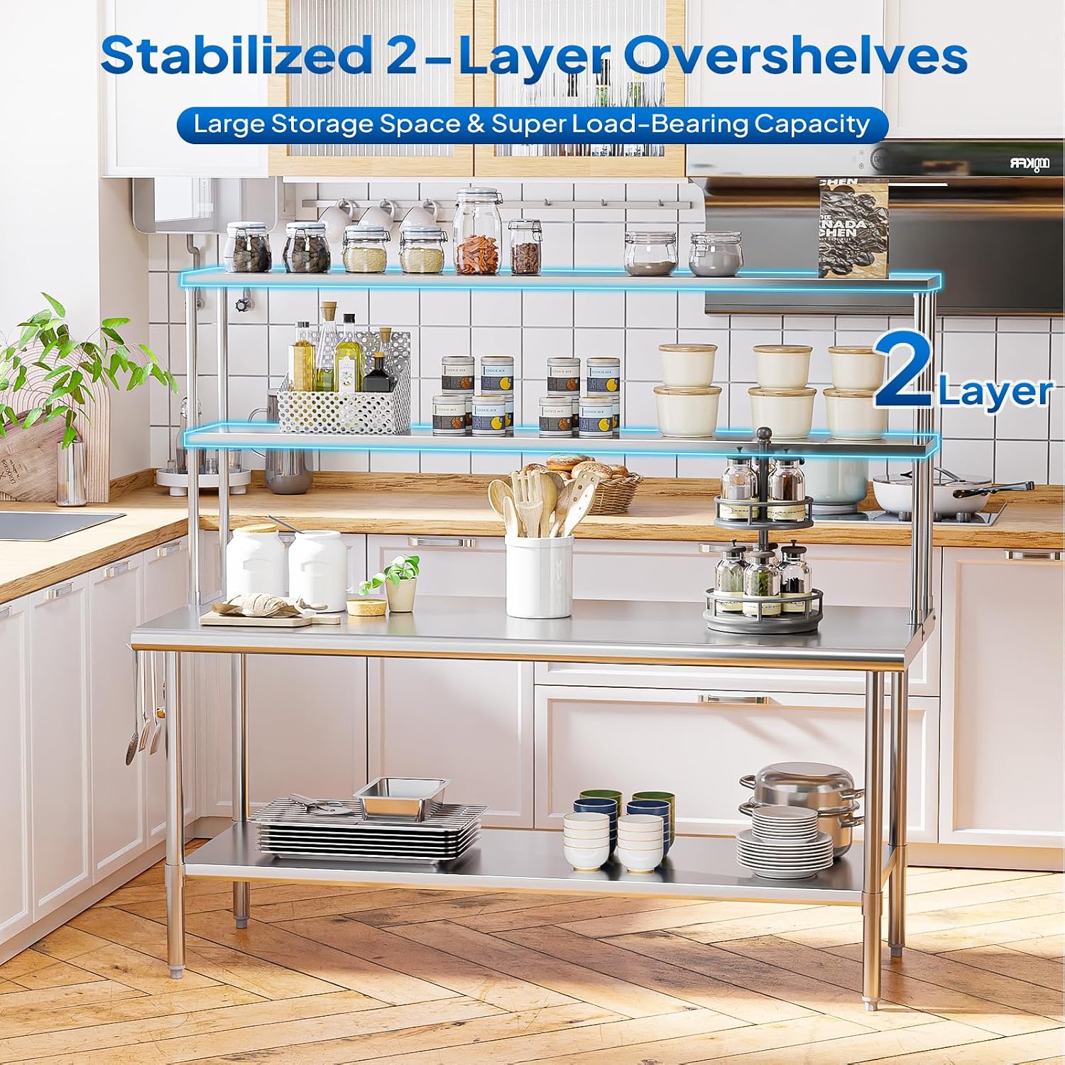ROVSUN Stainless Steel Table with Overshelves 72' X 30', NSF Commercial Heavy Duty with Adjustable Undershelf & Detachable Hooks, Metal Prep Table for Kitchen, Restaurant, Home, Hotel