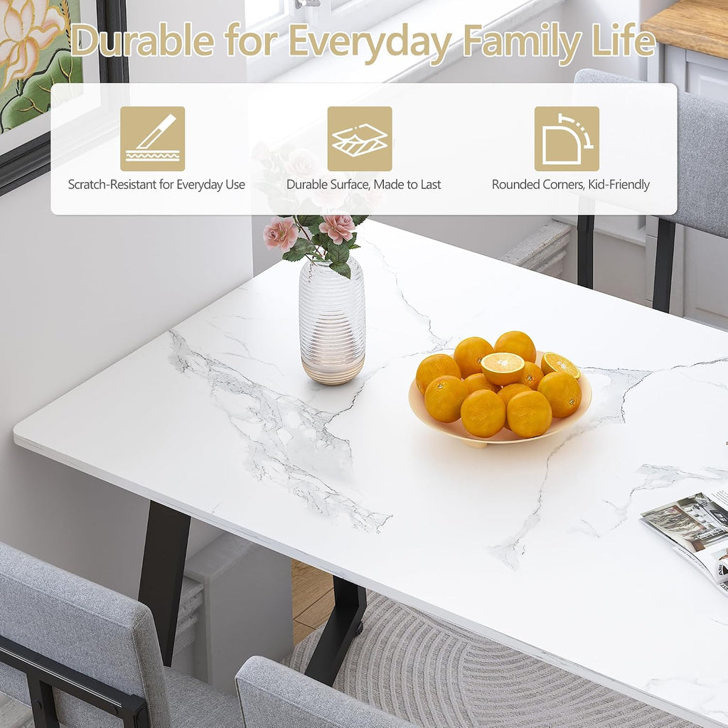 5-Piece Dining Table Set for 4, Faux Marble 47.24' Kitchen Table with 4 Linen Upholstered Chairs, Sturdy & Easy-to-Clean Small Dining Table Set for Apartments & Small Spaces