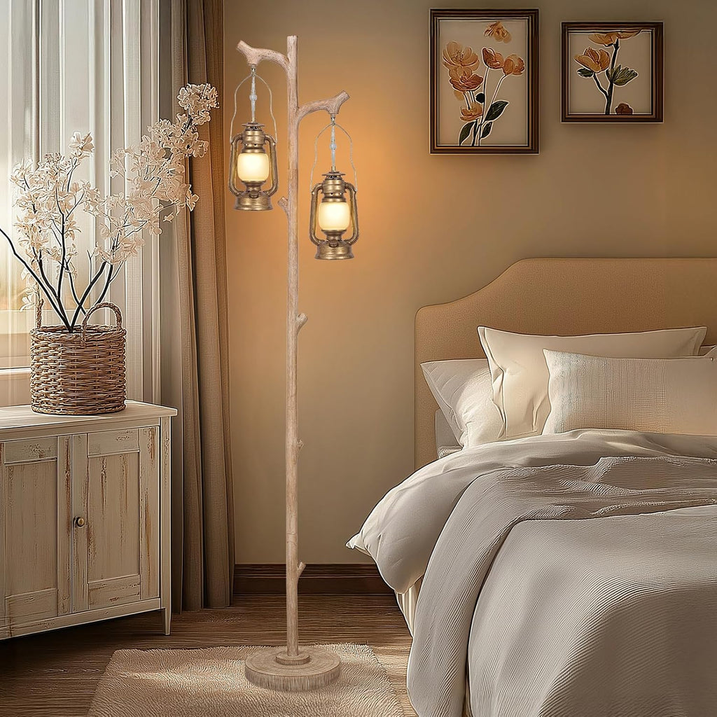 Scenekoy Vintage 68' Tall Floor Lamp with Lanterns, Retro Standing Lamp Tree Trunk Finish & Resin Body, Rustic Dimmable Corner Lamp Stand Up Light with Bulb Prefer for Living Room Bedroom Home Decor