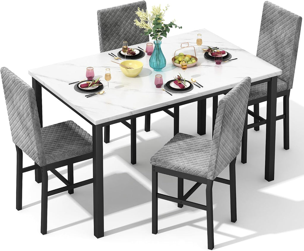 Hooseng Kitchen Table Set 5 Piece Dining Room Table Set Marble Dining Table 4 Chair Dining Table Set for Kitchen Living Room Breakfast Small Spaces (Grey)