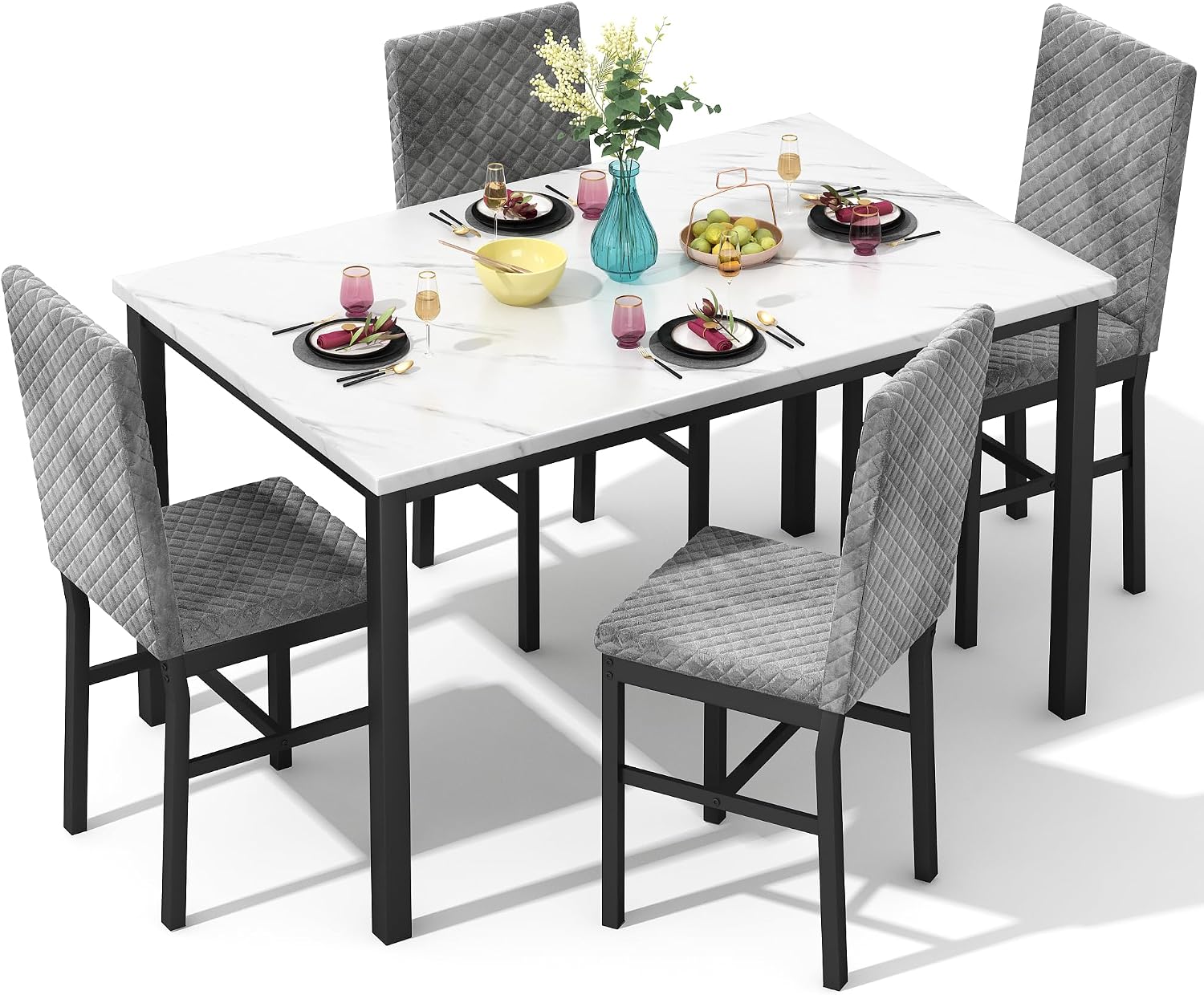 Hooseng Kitchen Table Set 5 Piece Dining Room Table Set Marble Dining Table 4 Chair Dining Table Set for Kitchen Living Room Breakfast Small Spaces (Grey)