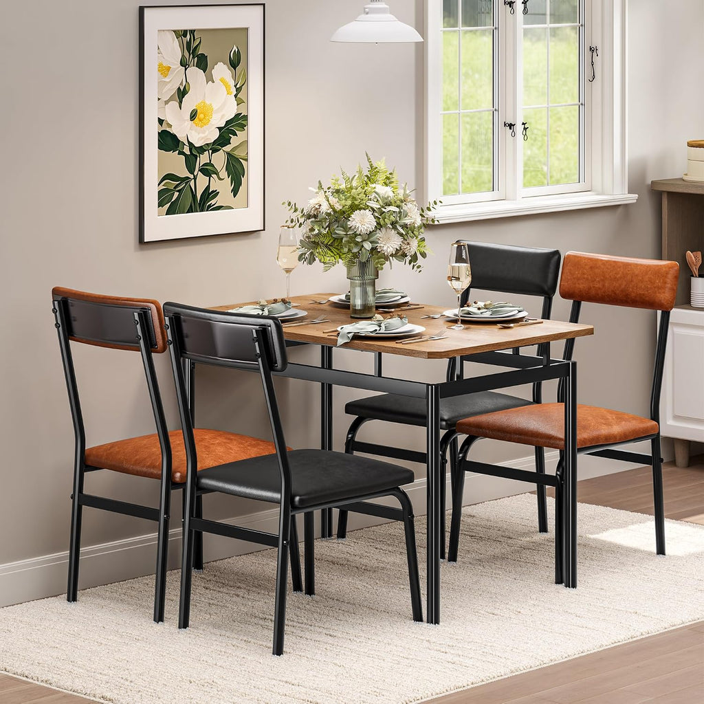 Garvee Dining Table Set for 4, 5 Piece Wooden Dining Table and Chairs, 4 PU Upholstered Chair, Modern Metal Frame Dinette Set for Dining Room, Home Dinner, Party, Apartment, Brown + Black