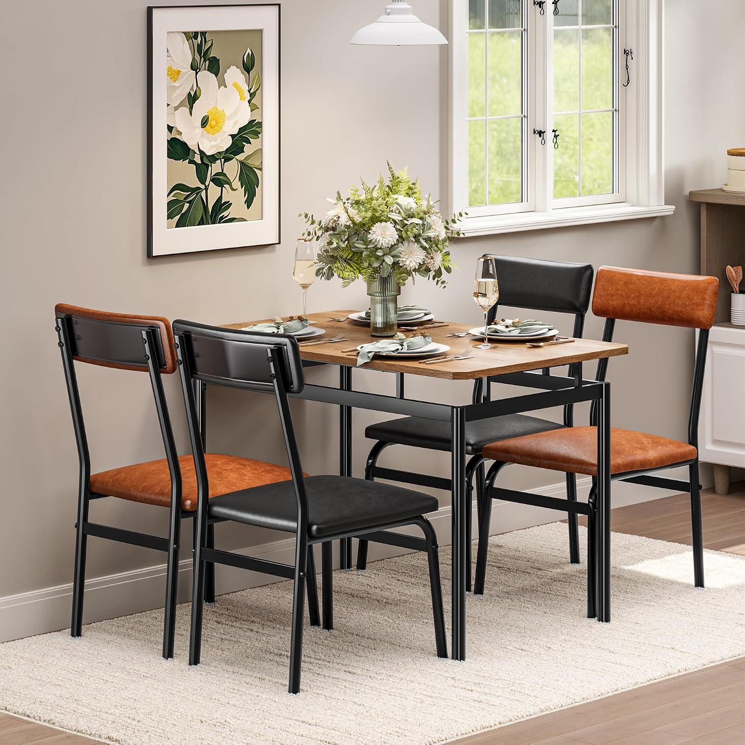 Garvee Dining Table Set for 4, 5 Piece Wooden Dining Table and Chairs, 4 PU Upholstered Chair, Modern Metal Frame Dinette Set for Dining Room, Home Dinner, Party, Apartment, Brown + Black