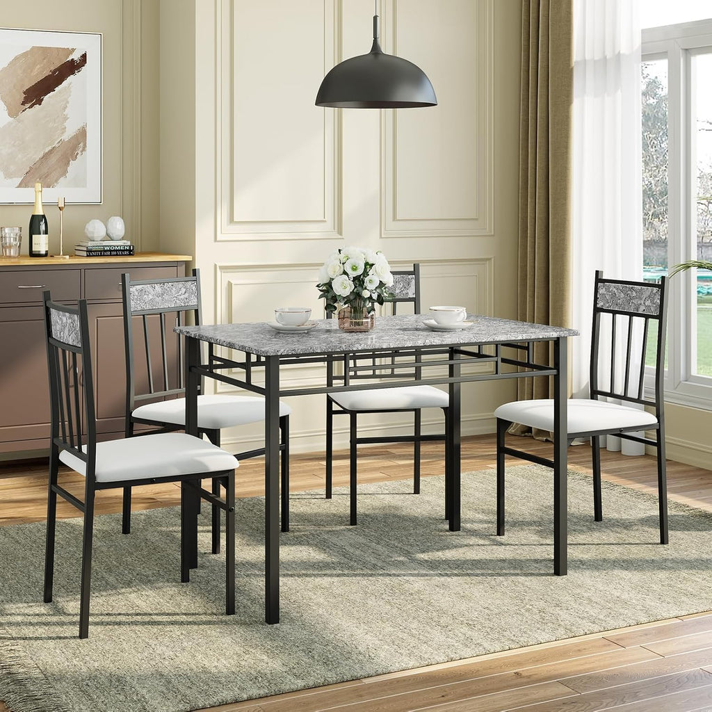 Giantex 5-Piece Dining Table Set for 4, Kitchen Table and Upholstered Chairs Set with Faux Marble Tabletop & Metal Frame, Space-Saving Dinette Set for Breakfast Nook, Small Space, Grey