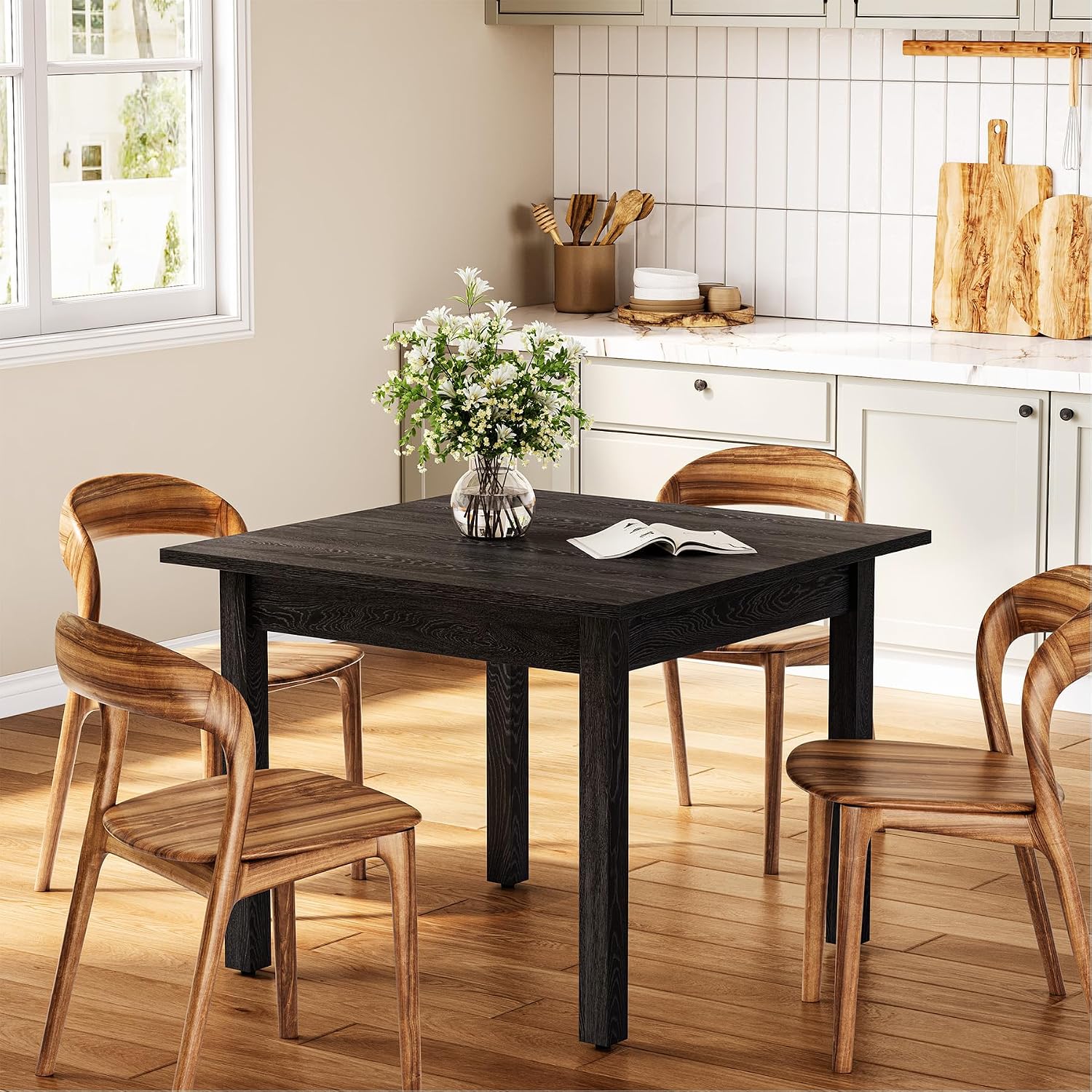 LITTLE TREE 39 Inches Square Dining Table for 4 People, Black Wooden Kitchen Table Small Dinner Table, Modern Dining Room Tables for Living Room, Kitchen