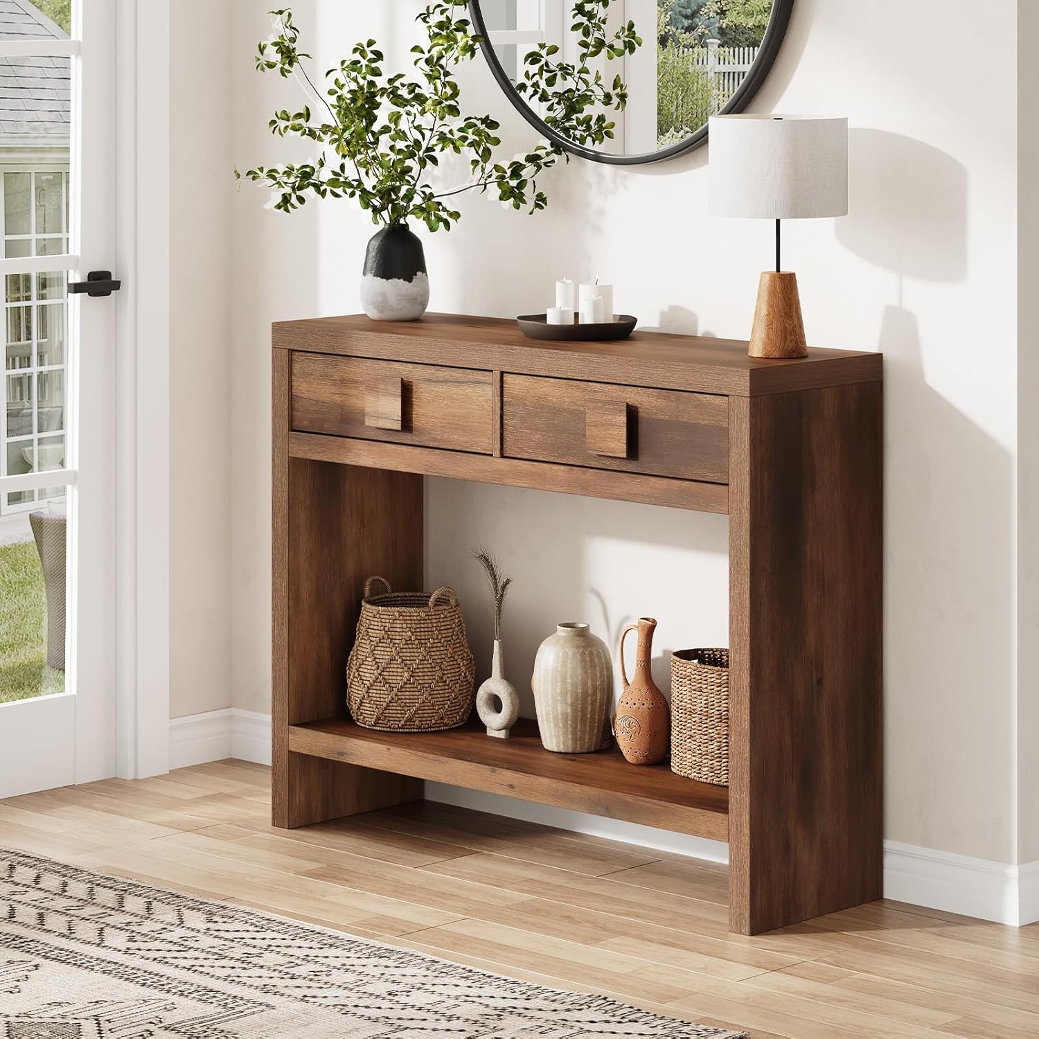 ONBRILL Console Table with Drawers, 40 Inch Narrow Entryway Table with Open Storage Shelves, Mid Century Modern Hallway Accent Tables Behind Couch Table for Living Room (Vintage Brown)
