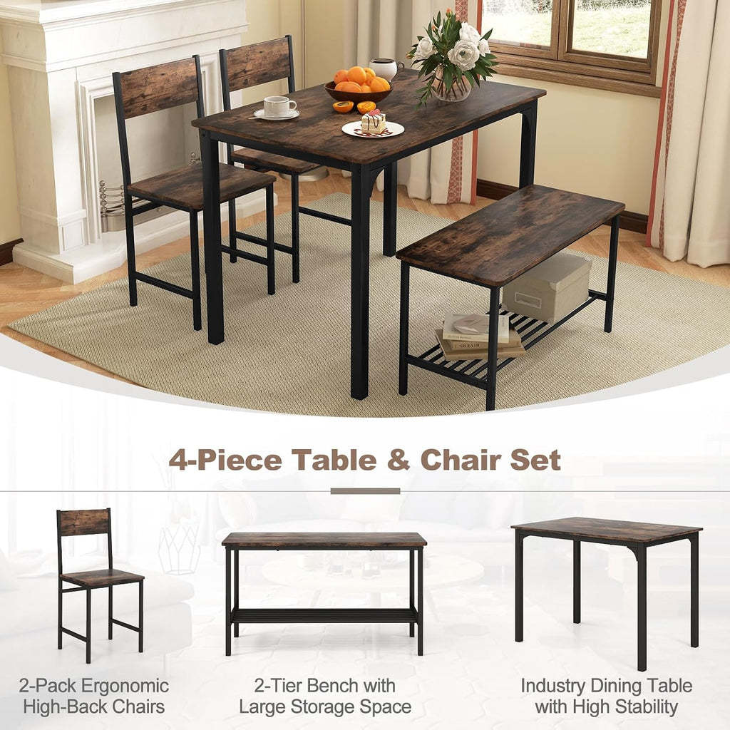 Giantex Dining Table Set for 4, Kitchen Table with Bench and Chairs, Industrial Gathering Bench Dining Set W/Metal Frame & Storage Rack, Dinette Set, Modern Functional Desk Set (Rustic Brown)