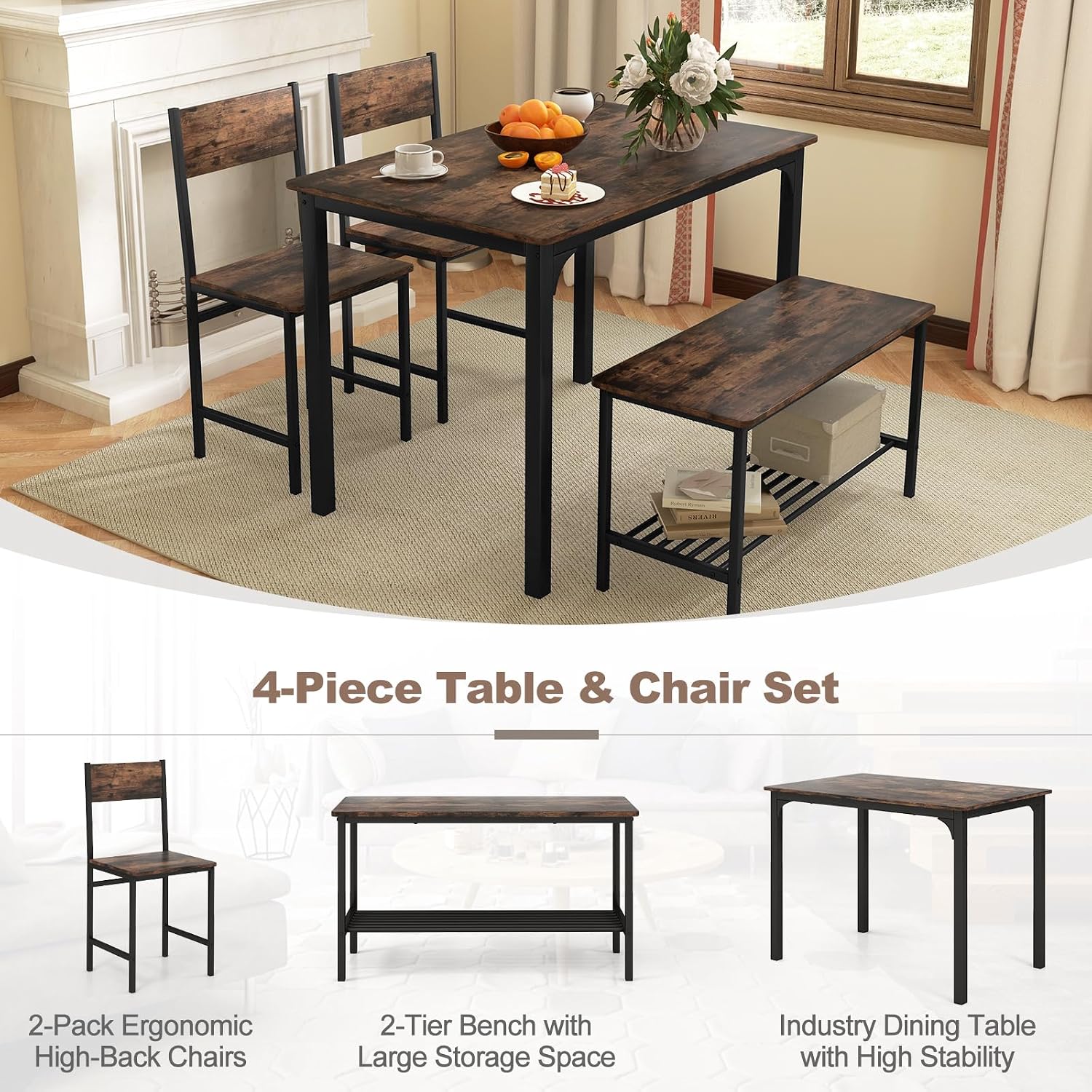 Giantex Dining Table Set for 4, Kitchen Table with Bench and Chairs, Industrial Gathering Bench Dining Set W/Metal Frame & Storage Rack, Dinette Set, Modern Functional Desk Set (Rustic Brown)
