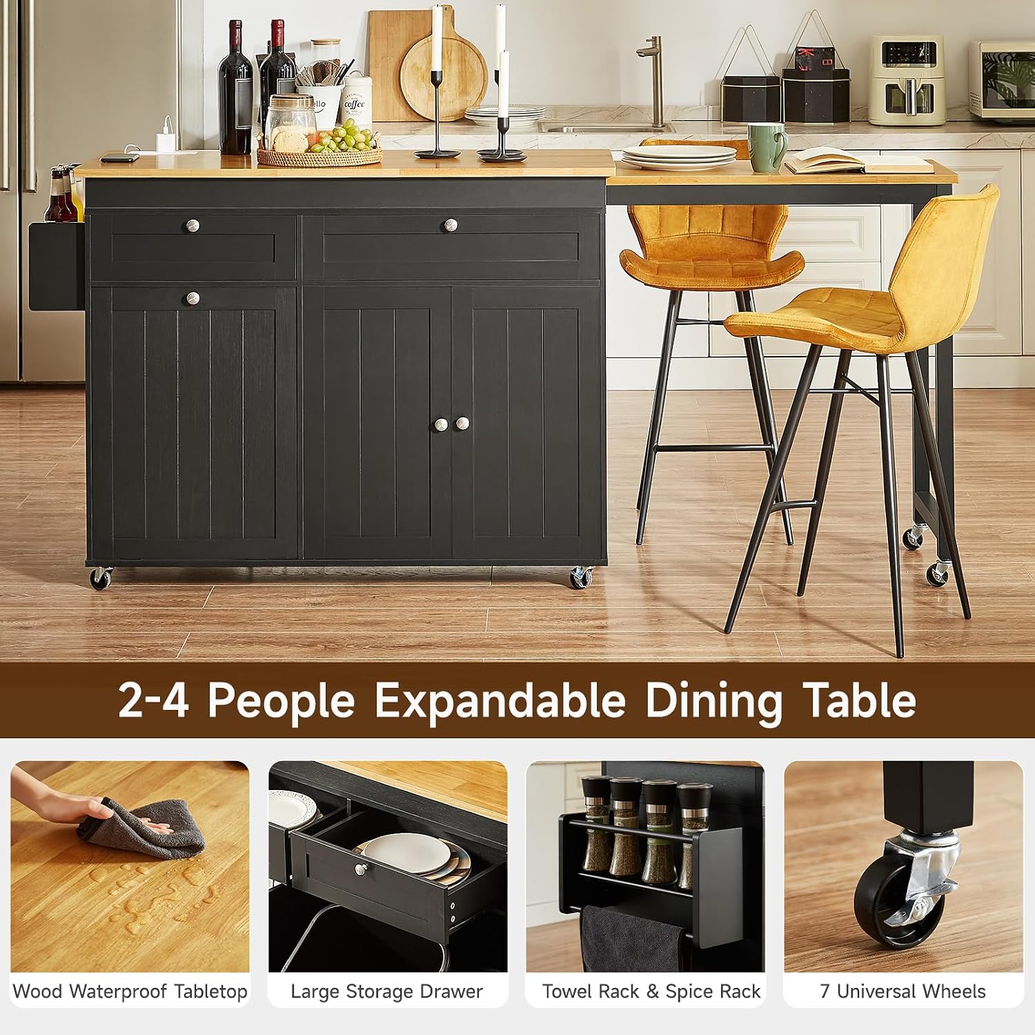 ONBRILL Kitchen Islands with Extendable Dining Table, 81.7' Mobile Kitchen Storage Islands, Rolling Kitchen Cart with Trash Cabinet, Power Outlet, Spice Rack & Towel Rack (Black)