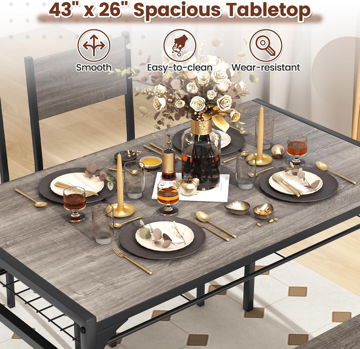 COSTWAY 4 Pieces Dining Table Set, Kitchen Table and 2 Chairs for 4 with Bench, Storage Racks, Metal Frame & Space-saving Design, Industrial Kitchen Table Set for Small Space, Apartment (Black & Grey)