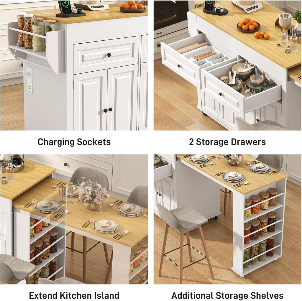 80'-48' Extendable Kitchen Island with Extended Dining Table and Power Outlet,Large Mobile Kitchen Storage Islands with 2 Storage Drawers,Rolling Islands Cart with 3 Extra Rows Open Shelves(White)