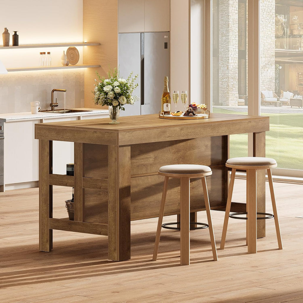 Tribesigns Kitchen Island with Seating and Storage Shelves, 55.1-Inch Breakfast Counter Farmhouse Island Table for Kitchen Dining Room (All Brown)