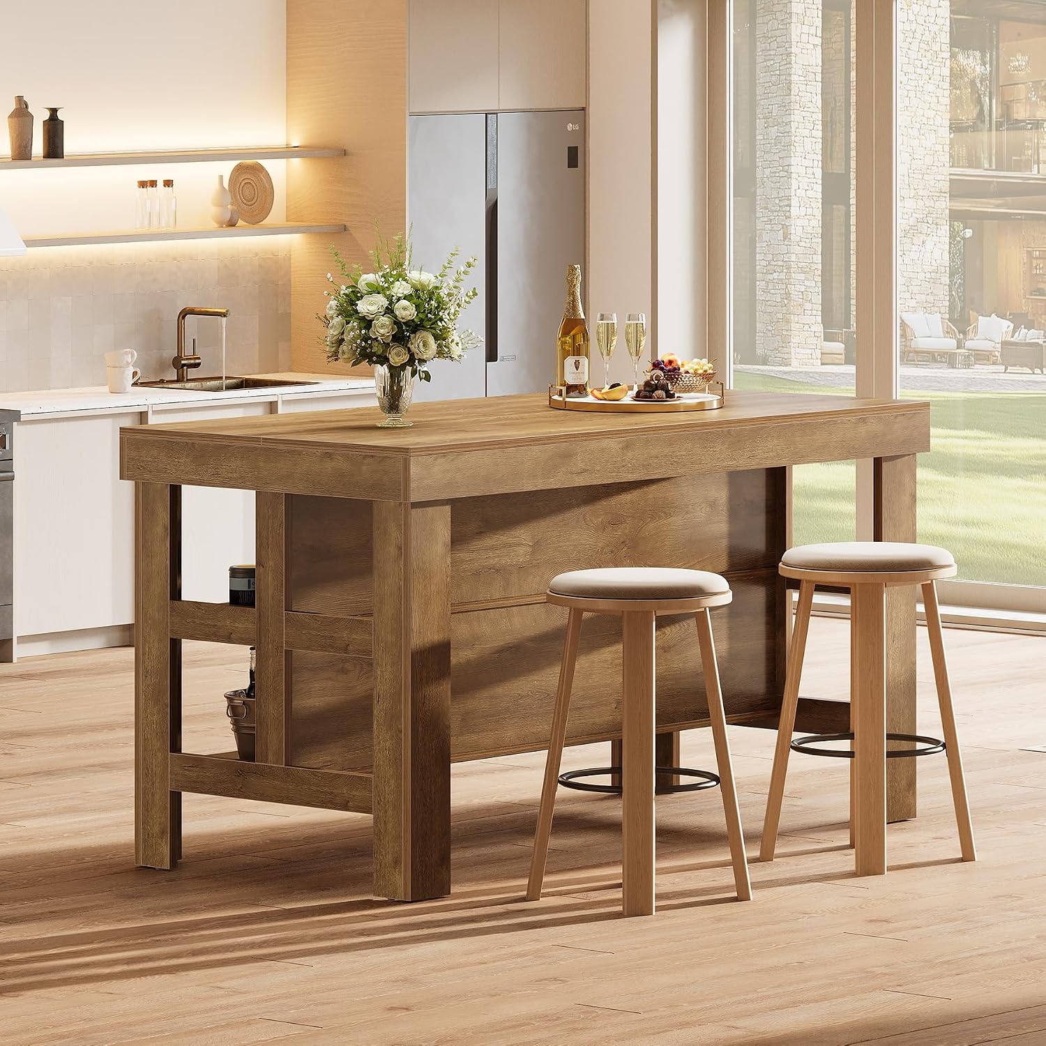 Tribesigns Kitchen Island with Seating and Storage Shelves, 55.1-Inch Breakfast Counter Farmhouse Island Table for Kitchen Dining Room (All Brown)