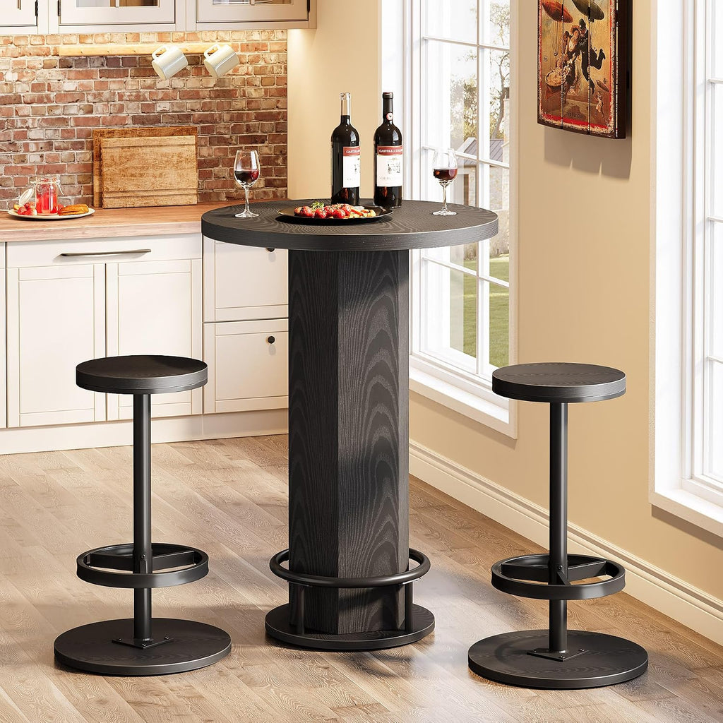 Tribesigns Round Bar Table with Chairs, Industrial Bistro Sets with 2 barstools, Pub Cocktail Table with Metal Ring Footrest for Kitchen Nook, Apartment, Small Space