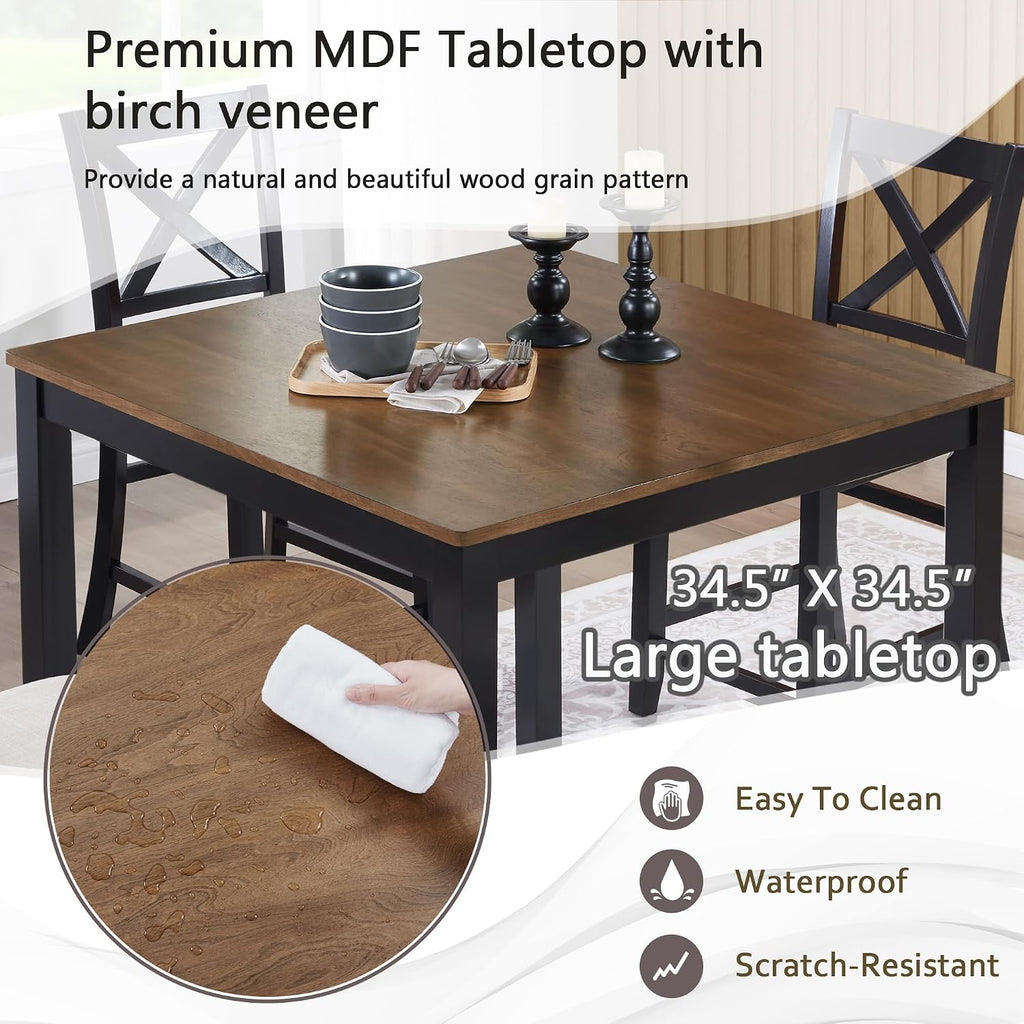 Harper & Bright Designs Counter Height Dining Table Set 5-Piece for 4, Farmhouse Kitchen Table 34.5' Square with 4 X-Back Chairs, Black & Oak for Small Space