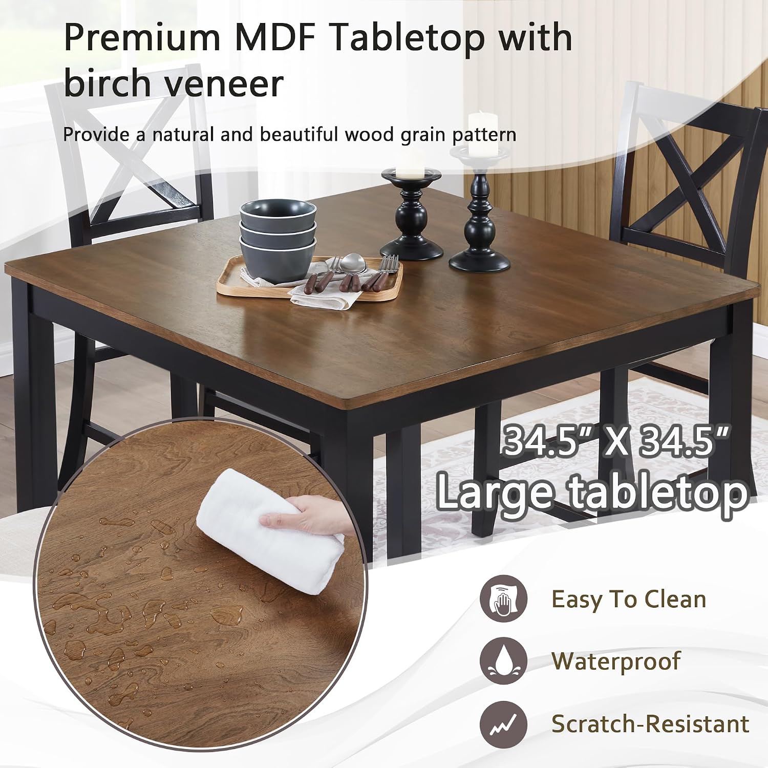 Harper & Bright Designs Counter Height Dining Table Set 5-Piece for 4, Farmhouse Kitchen Table 34.5' Square with 4 X-Back Chairs, Black & Oak for Small Space