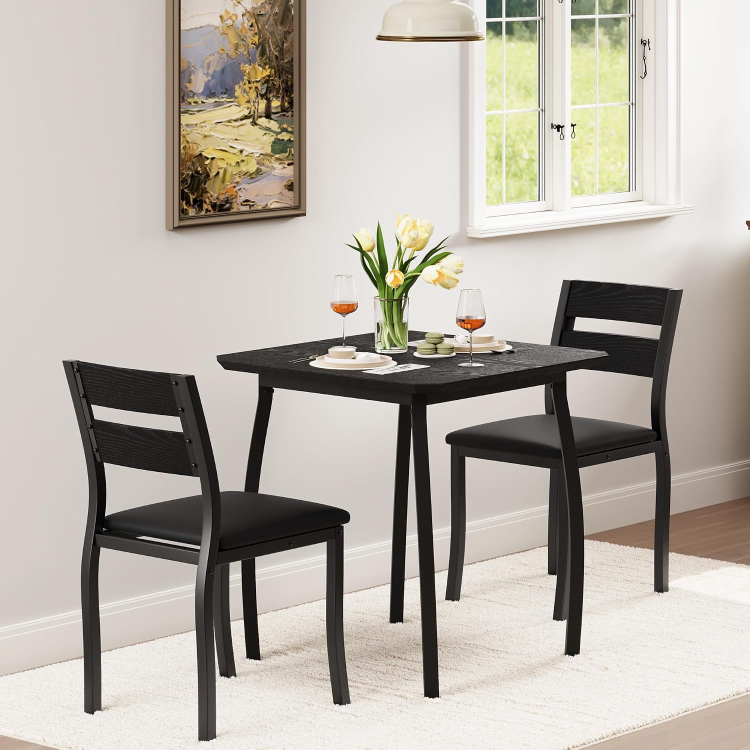 Garvee 3 Piece Dining Table Set for 2, Small Kitchen Table with Metal Frame & Wood Tabletop, Includes 2 Upholstered Chairs, for Apartment, Home Kitchen, Black