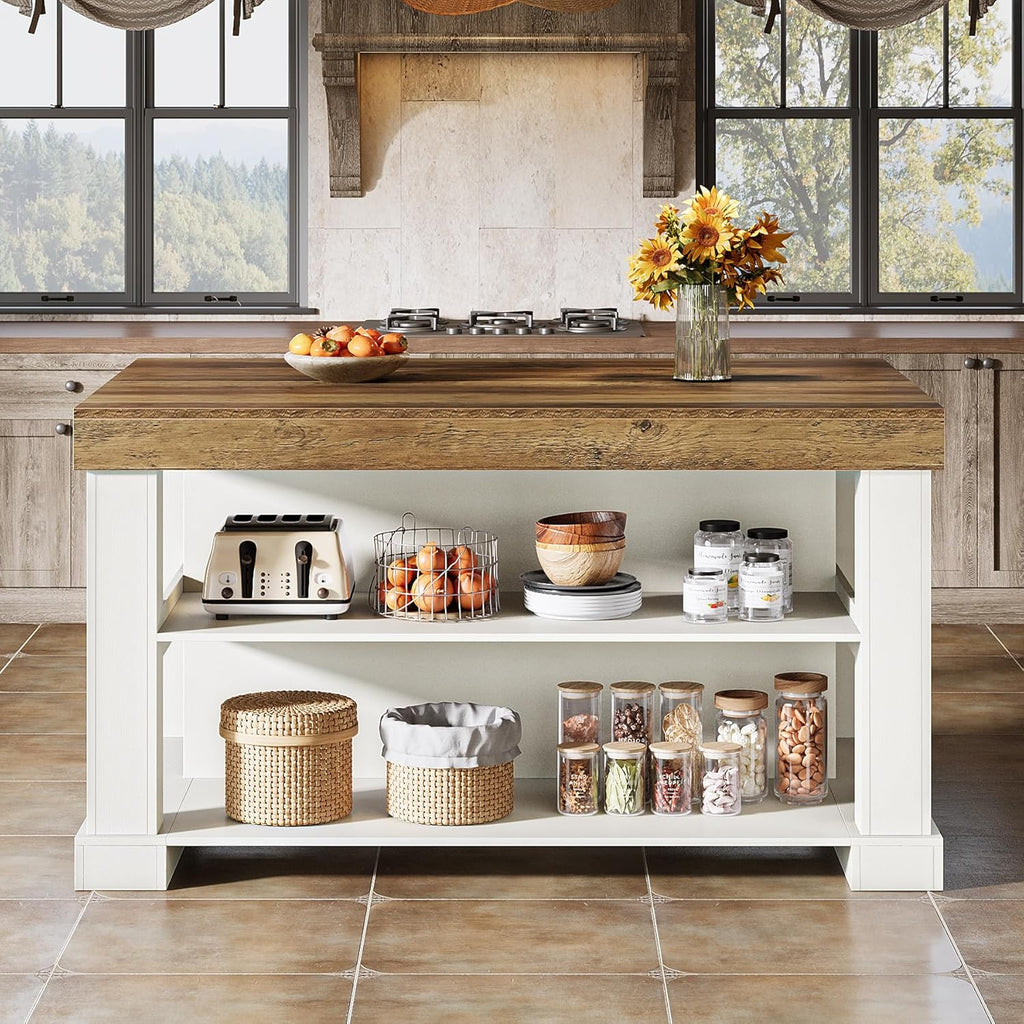 Tribesigns 55' Kitchen Island with Seating and Storage, 3-Tier Farmhouse Wood Stationary Island Table with Large Worktop & Leg Room, Coffee Bar Table with Storage Shelves for Kitchen, White and Brown