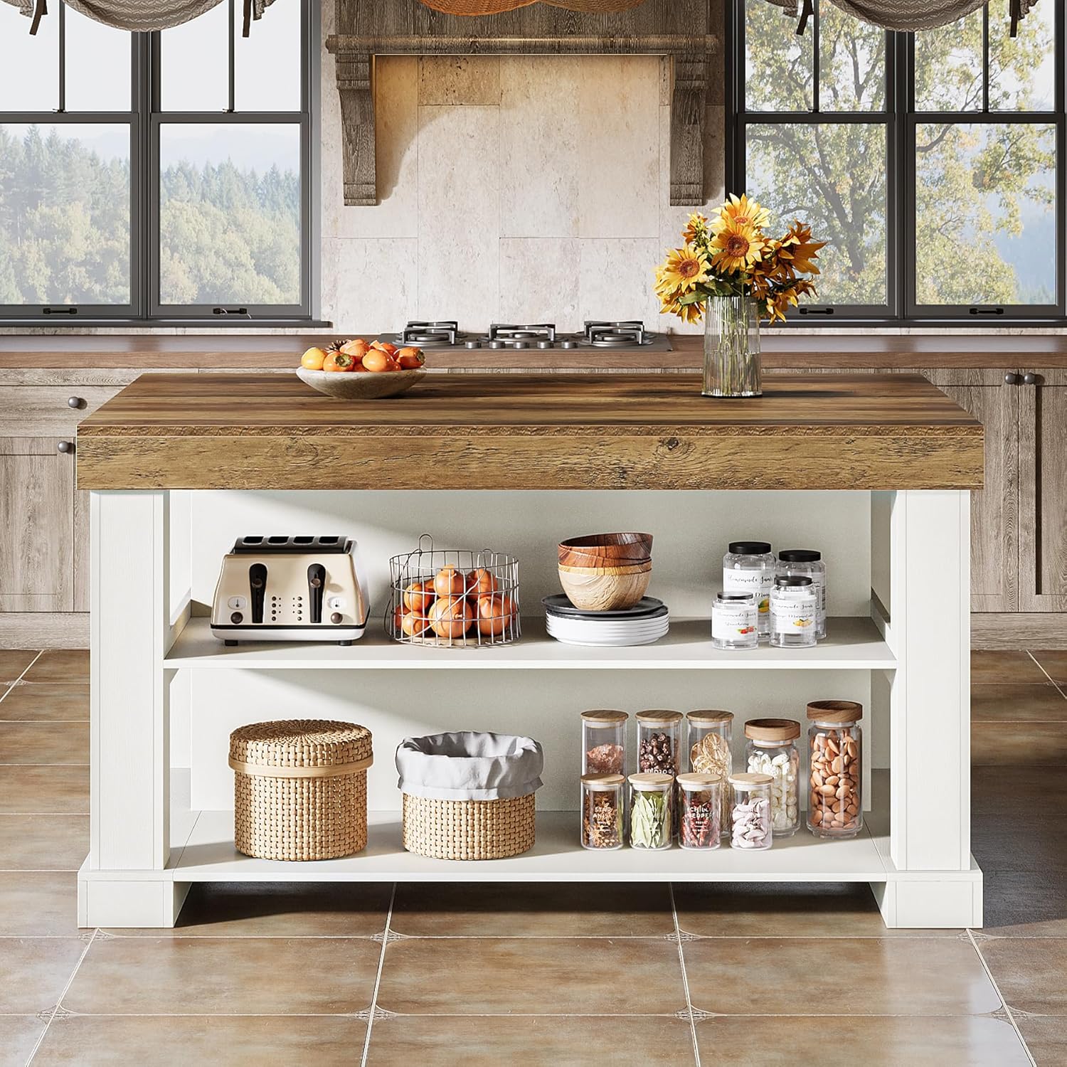Tribesigns 55' Kitchen Island with Seating and Storage, 3-Tier Farmhouse Wood Stationary Island Table with Large Worktop & Leg Room, Coffee Bar Table with Storage Shelves for Kitchen, White and Brown