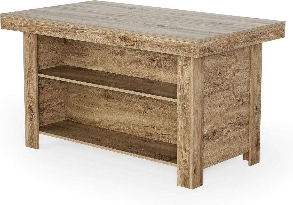 LITTLE TREE 55 Inches Kitchen Island with Storage, 3-Tier Farmhouse Wooden Stationary Island Table with Large Worktop & Leg Room, Modern Coffee Bar Table with Storage Shelf for Kitchen, Oak