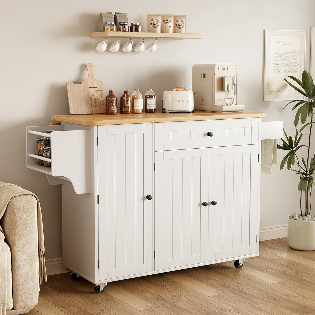 GRUSIGN Kitchen Island with Storage, 41.7' Rolling Cart with Drop Leaf, Portable Island Table on Wheels, Spice Rack, Towel Rack and Drawer, White, 41.7' L x 29.5' W