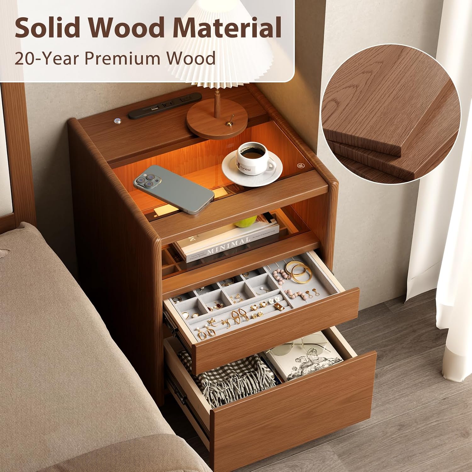 Solid Wood Nightstand,LED Nightstand with Charging Station,Narrow Bedside Table with Jewelry Box,Small Night Stand with Wheels,Modern Night Stand for Bedroom,Living Room,Dressing Room