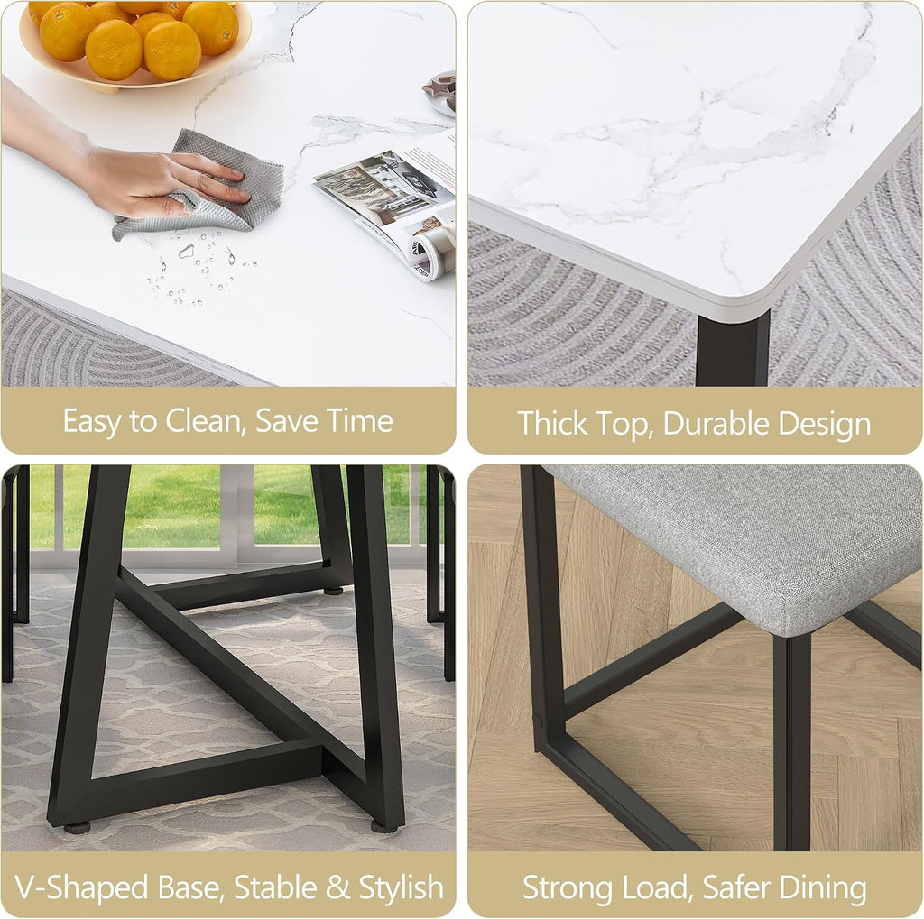 5-Piece Dining Table Set for 4, Faux Marble 47.24' Kitchen Table with 4 Linen Upholstered Chairs, Sturdy & Easy-to-Clean Small Dining Table Set for Apartments & Small Spaces