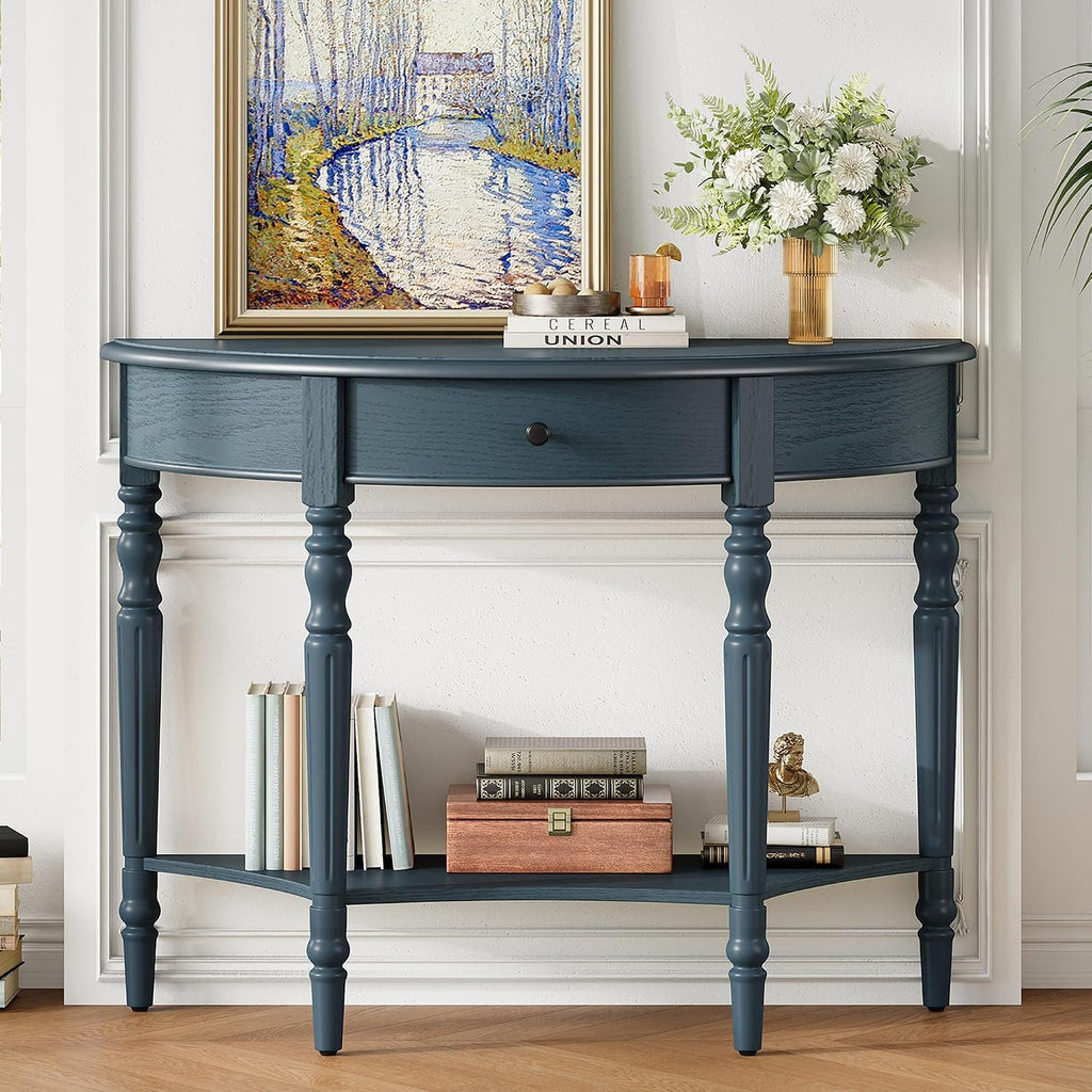 LKTART Farmhouse Half Moon Console Table with Solid Pinewood Frame & Legs,Modern Entryway Sofa Table for Behind Couch,Living Room,Hallway,Foyer (Navy,39')